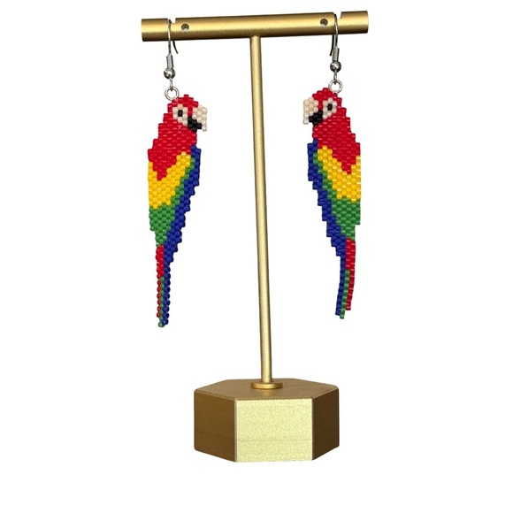 Hand Crafted Colorful Parrot Beaded Earrings - Picture 3 of 6